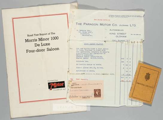Original invoice for Duncan Edwards' purchase of his first motor car on 21st November 1957, 
 from the Paragon Motor Co. of Oldham and for the purchas