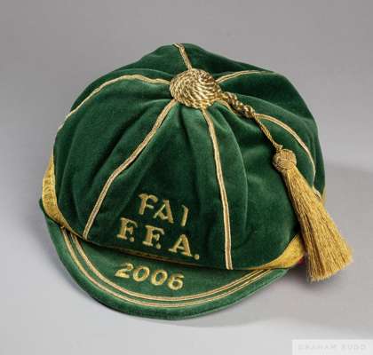 Green Republic of Ireland International cap, 2006
 green velvet with gold braid and tassel, embroidered F.A.I. F.F.A. 2006