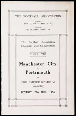 Dignitaries edition of the Manchester City v Portsmouth 1934 F.A. Cup Final programme, four-pager printed on stiff card