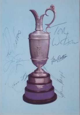 Golf, Official St Andrews 8 by 5.5in. postcard of the famous Claret Jug signed by seven past winners, 
 Seve Ballesteros, Jack Nicklaus, Lee Trevino, 