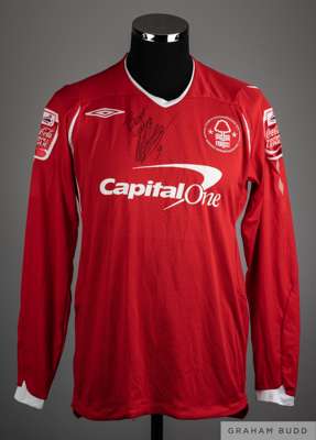 Nathan Tyson red and white No.9 Nottingham Forest long-sleeved shirt, 2008-09, 
 Umbro, M, with crew-neck collar and embroidered badge inscribed Fores