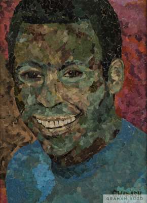An original mosaic portrait painting of Pelé by an unknown artist,
 framed. 25 3/8 by 17 7/16 inches, overall

 PROVENANCE: The Pele Collection, Julie