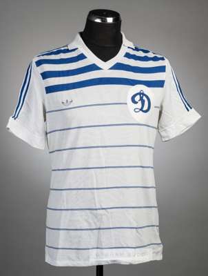 Oleh Blokhin white with blue stripes Dynamo Kyiv no.11 jersey, season 1982-85,
 Adidas, short-sleeved with embroidered felt badge, sponsor logo, rever