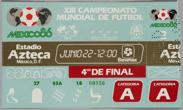 Ticket for the "Hand of God"  England v Argentina World Cup Quarter Final match June 22nd 1986 in Mexico City,
 generally good