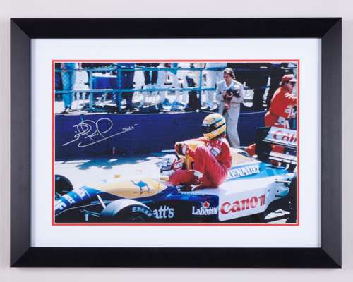 Nigel Mansell Signed “Taxi For Senna” Framed Print