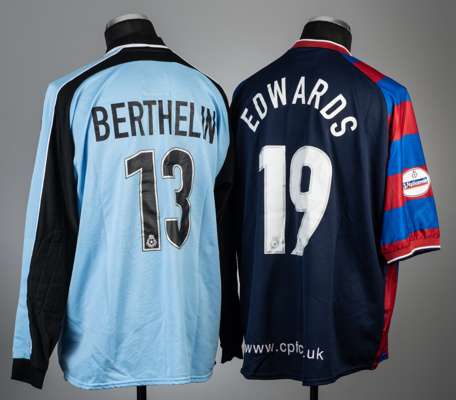 Two Crystal Palace jerseys, 
 comprising Cedric Berthelin blue no.13 goalkeeper's jersey, season 2002-03, Le Coq Sportif, long-sleeved with padded elb