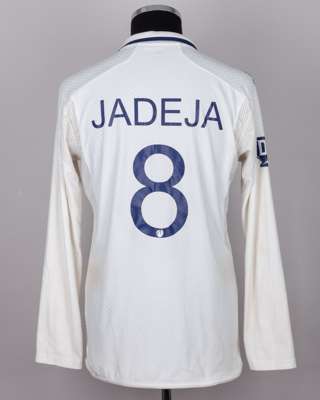R Jadeja white and navy No.8 India v. England match worn, autographed Red For Ruth shirt