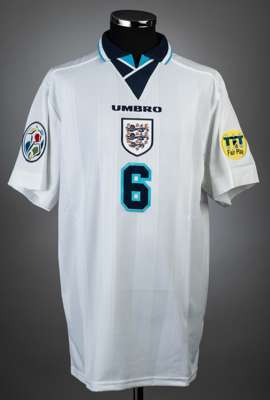 Gareth Southgate white, navy & blue England UEFA Euro '96 no.6 jersey, 
 tournament issued, Umbro, short-sleeved with UEFA EURO 1996 and FAIR PLAY sle