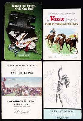 14 racecards including the 1953 Derby won by Pinza and the 1972 B&H Cup won by Roberto, also including a 1972 Newmarket Tolly Cobbold Day card signed 