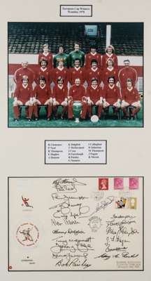 Liverpool European Cup Final Wembley 1978 photograph and signed FDC display,
 featuring a colour team photograph with trophy cup, 19 by 24.5cm., above