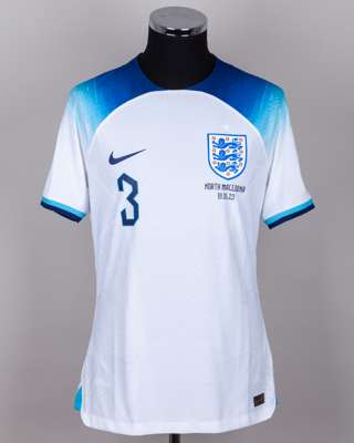 Luke Shaw white and blue No.3 England v. North Macedonia short-sleeved shirt, 2023