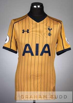 Kyle Walker-Peters gold and navy strip Tottenham Hotspur no.37 third change jersey, season 2016-17,
 short-sleeved with PREMIER LEAGUE sleeve badges, 