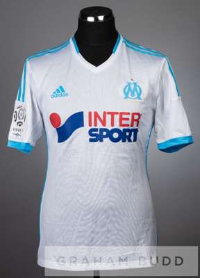 Giannelli Imbula white and blue Olympique Marseille no.15 jersey, season 2013-14,
 short-sleeved with LIGUE 1 sleeve badges, club crest and sponsor lo
