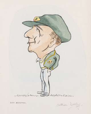 Arthur Dooley (British, 1929-1994) "Don Bradman" caricature, circa 1930s,
 pen, ink and watercolour, depicting Don Bradman wearing his Australian cric