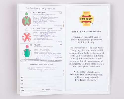 1991 Epsom Derby racecard fully-signed by the competing jockey,