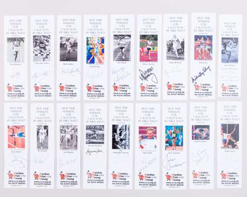 Thirty-six British athletic athletes autographed bookmarks