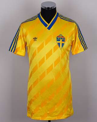Roland Nilsson yellow No.2 Sweden v. Poland match worn short-sleeved shirt, 1989
