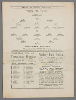 Arsenal v Tottenham Hotspur programme, played at Highbury, 17th November 1923,
 four-page programme on white printed paper, bears horizontal creases w