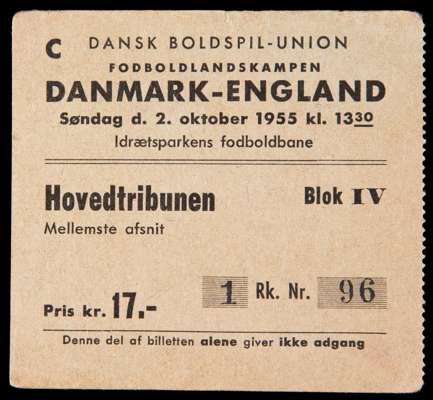 Denmark v England international football ticket 2nd October 1955, Played at Idraetsparken, Copenhagen