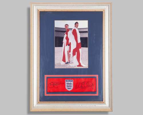 David Beckham and Michael Owen autographed England captains armband display