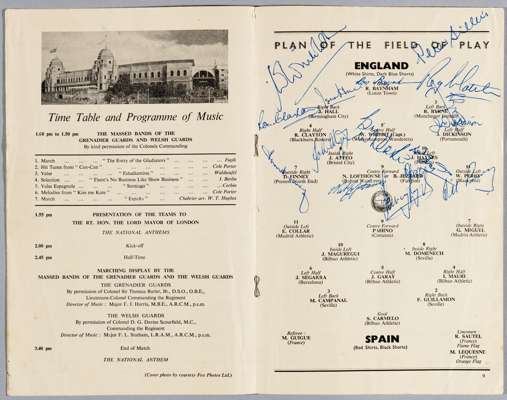 Signed England v Spain international programme, played at Wembley, 30th November 1955,
 14-page programme with pictorial cover, signed in blue ink on 