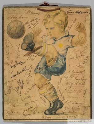 Vintage football calendar depicting young boy kicking a football
 bearing over forty-five Arsenal player and official autographs including Eddie Hapgo