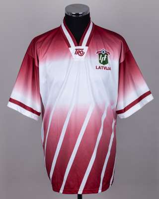 Maroon and white No.4 Latvia v. Sweden short-sleeved shirt, 1997