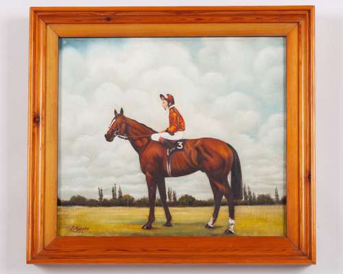 Oil painting of the racehorse Karbabas with Lester Piggott up