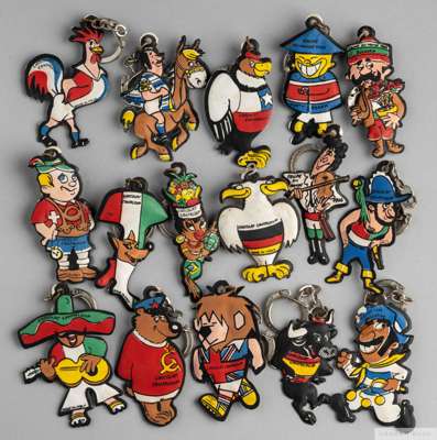 A full set of 16 keyrings featuring the participating countries at the 1966 World Cup
 all with caricatures featuring national dress or symbolism, (16