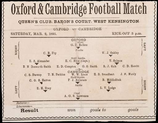 Programme for the Oxford & Cambridge football match played at the Queen's Club, London, 2nd March 1895, single-sheet, originally owned by the Cambridg