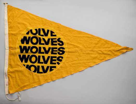 Wolverhampton Wanderers Molineux football ground flag circa early 1980s,
 by George Tutill, yellow wool and nylon triangular flag with cream seam, woo