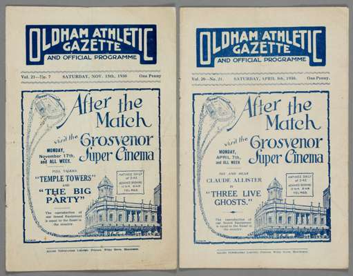 Two Oldham Athletic home programmes dating from 1930,

F.L. Division Two fixtures v Cardiff City 5th April 1930 and Bury 15th November 1930