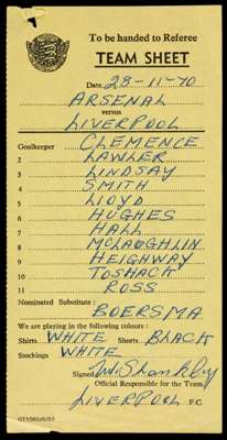 Official Football League team sheet: Arsenal v Liverpool 28th November 1970, hand-written Liverpool line-up, confirmation of playing colours and signe
