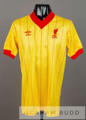 Yellow and red Liverpool no.14 substitute's away jersey, season 1981-82,
 short-sleeved with embroidered club crest and UMBRO logo, reverse numbered 1