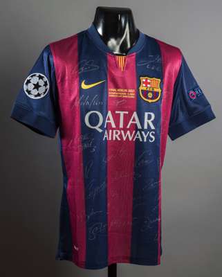A team-signed replica of Lionel Messi's Barcelona 2015 Champions League Final jersey, with badging, match inscription shirt number and player letterin