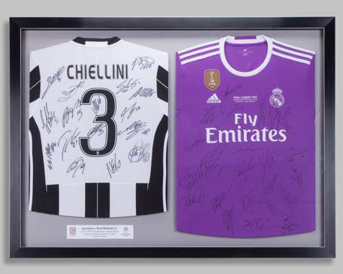 Bale Chiellini Real Madrid v Juventus Champions League Final autographed shirt display, 2017