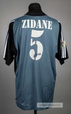 Zinedine Zidane signed grey Real Madrid no.5 jersey, La Liga season 2001-02,
 Adidas, short-sleeved with LA LIGA LFP sleeve badge, club crest and spon