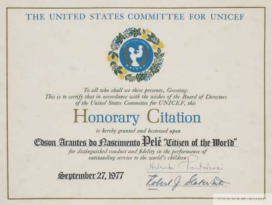 A framed honorary citation presented to Pelé by UNICEF for distinguished conduct and fidelity in the performance of outstanding service to the world's
