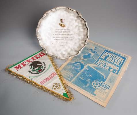 1970 World Cup presentation to Austrian FIFA referee Ferdinand Marschall, in the form of a silvered-metal plate set with enamel & gilt-metal badge and