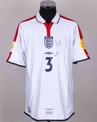 Ashley Cole white, red and blue No.3 England quarter final autographed shirt, 2004
