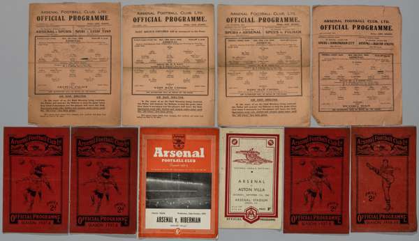 Ten Arsenal home match programmes from 1937 to 1952, 
 comprising Sunderland, 18th September 1937, Portsmouth, 16th October 1937, Preston North End, 1
