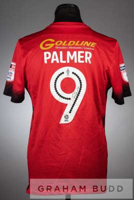 Ollie Palmer signed red and black Leyton Orient no.9 jersey, season 2016-17,
 short-sleeved with SKY BET LEAGUE TWO EFL sleeve badges, club crest and 
