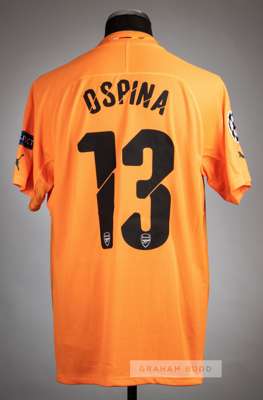 David Ospina orange Arsenal UEFA Champions League no.13 goalkeeper's jersey, season 2014-15,
 Puma, short-sleeved with UEFA STARBALL and RESPECT sleev