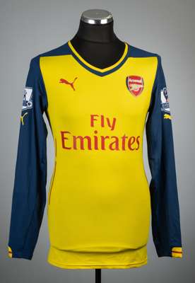 Danny Welbeck yellow and navy Arsenal no.23 away jersey, season 2014-15,
 Puma, long-sleeved with BARCLAYS PREMIER LEAGUE sleeve badges, club crest an