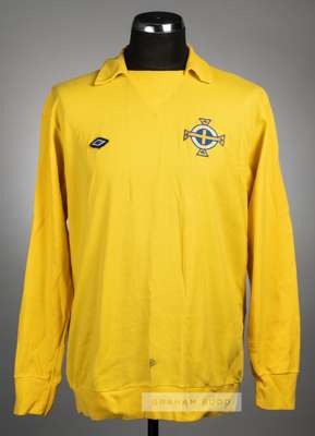 Pat Jennings yellow Northern Ireland no.1 goalkeeper's jersey from the British Championship fixtures in 1976,
 Umbro, long-sleeved with embroidered IR