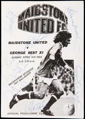 Three autographed football programmes, a Maidstone United v George Best XI programme 1985-86 signed by George Best, Bobby Moore, Peter Osgood and othe