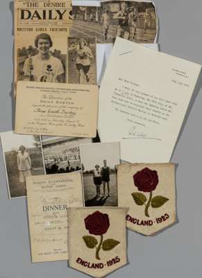 Group of memorabilia relating to the British Women's athletic Edith Trickey, 
 including two silk embroidered England vest badges, dating 1923 and 192