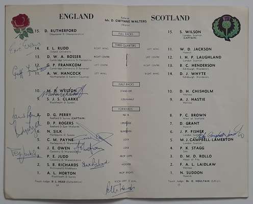 Two England signed Rugby Union International programmes, England v Scotland Twickenham 1965 signed by England players, 
 E.L. Rudd, G.P. Frankcom, M.P
