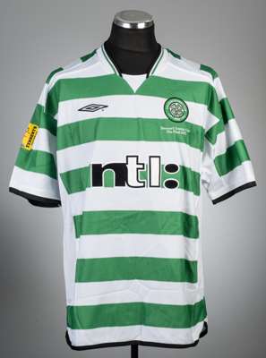 Didier Agathe green and white hooped Celtic Scottish Cup final no.17 jersey v Rangers, played at Hampden Park, Glasgow, 4th May 2002,
 Umbro, short-sl