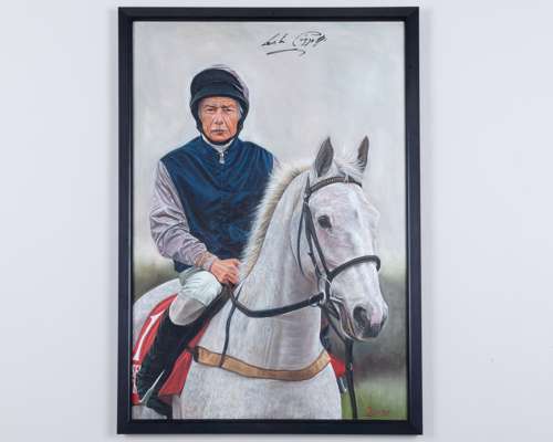 Oil painting by Mark Scorer (British, contemporary) of Lester Piggott riding Desert Orchid